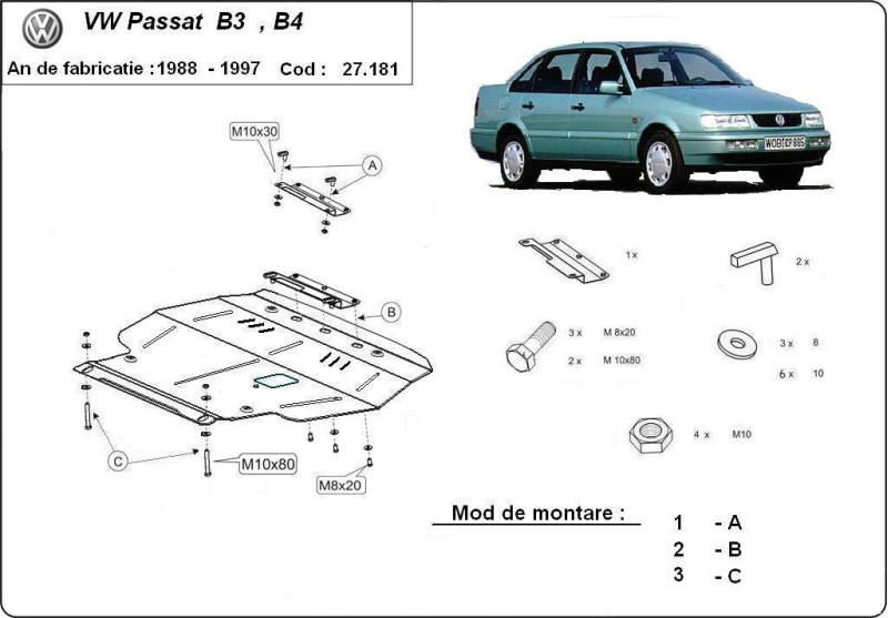 Plieninė variklio apsauga Volkswagen Passat - B3, B4 - dyzelinas (1988-1997)