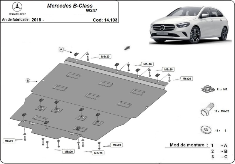 Plieninė variklio apsauga Mercedes B-Class W247 (2018-2026)