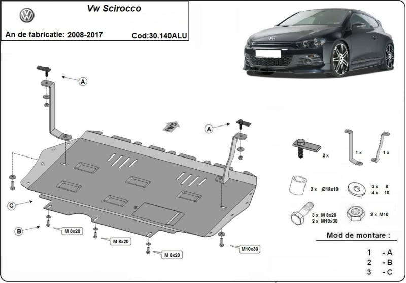 Aliumininė variklio apsauga Volkswagen Scirocco (2008-2017)