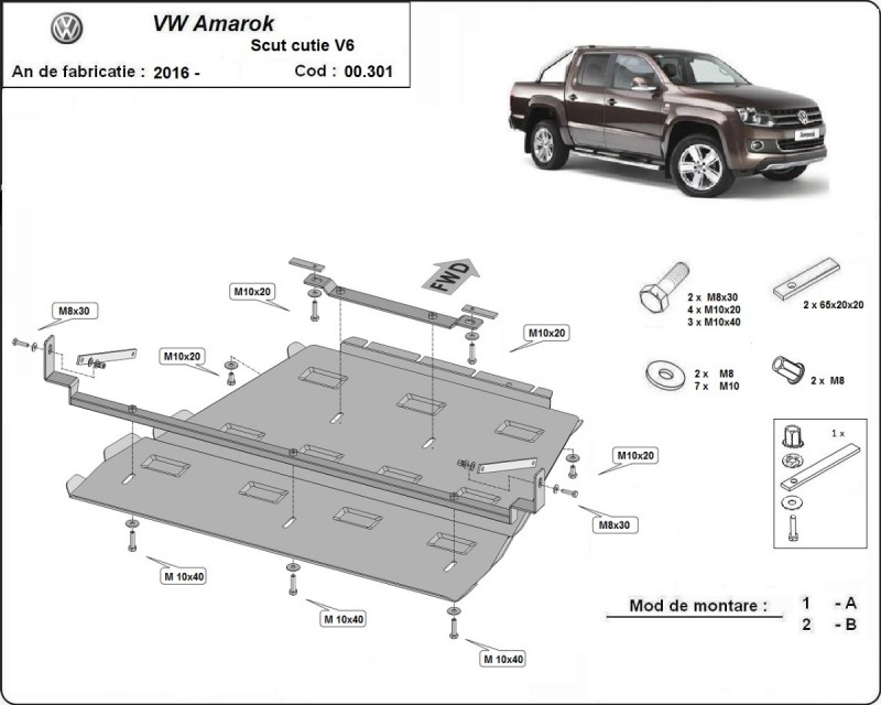 Plieninė pavarų dėžės ir reduktoriaus apsauga Volkswagen Amarok - V6 automat (2016-2022)