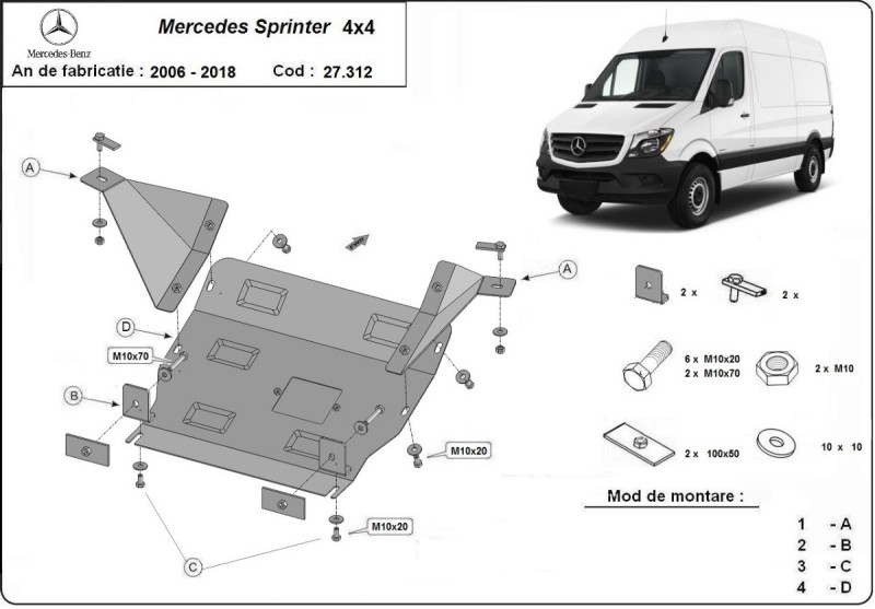 Plieninė variklio apsauga Mercedes Sprinter 906 4x4 (2006-2017)