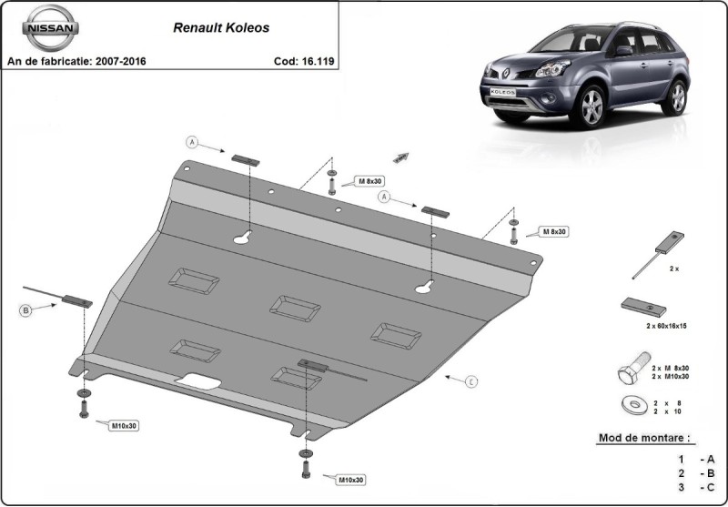 Plieninė variklio apsauga Renault Koleos - Vers 2.0 (2007-2016)