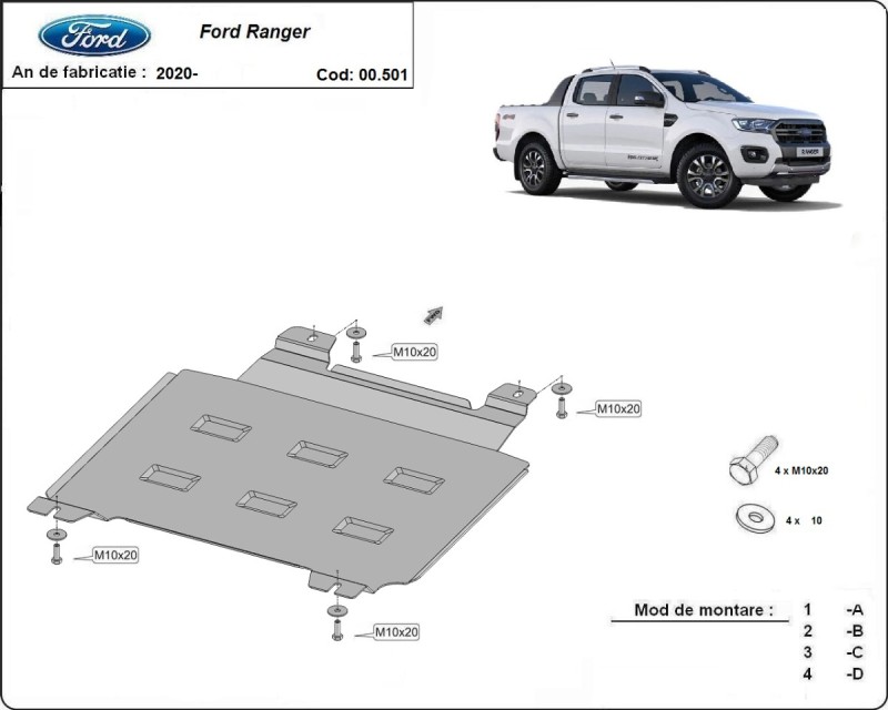 Plieninė pavarų dėžės apsauga Ford Ranger (2020-2023)