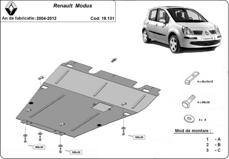 Plieninė variklio apsauga Renault Modus (2004-2012)