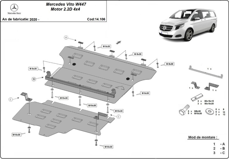 Plieninė variklio apsauga Mercedes Vito W447, 2.2 D, 4x4 (2020-2026)
