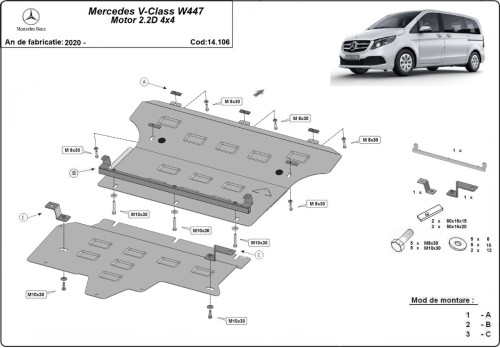 Plieninė variklio apsauga Mercedes V-Class W447, 2.2 D, 4x4 (2020-2026) Plieninė variklio apsauga Mercedes V-Class W447, 2.2 D, 4x4 (2020-2026)