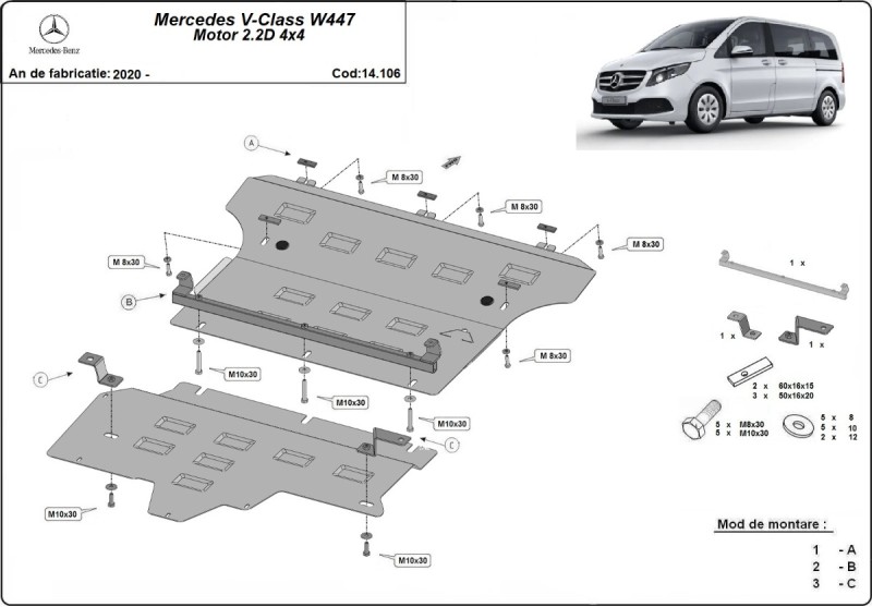 Plieninė variklio apsauga Mercedes V-Class W447, 2.2 D, 4x4 (2020-2026)