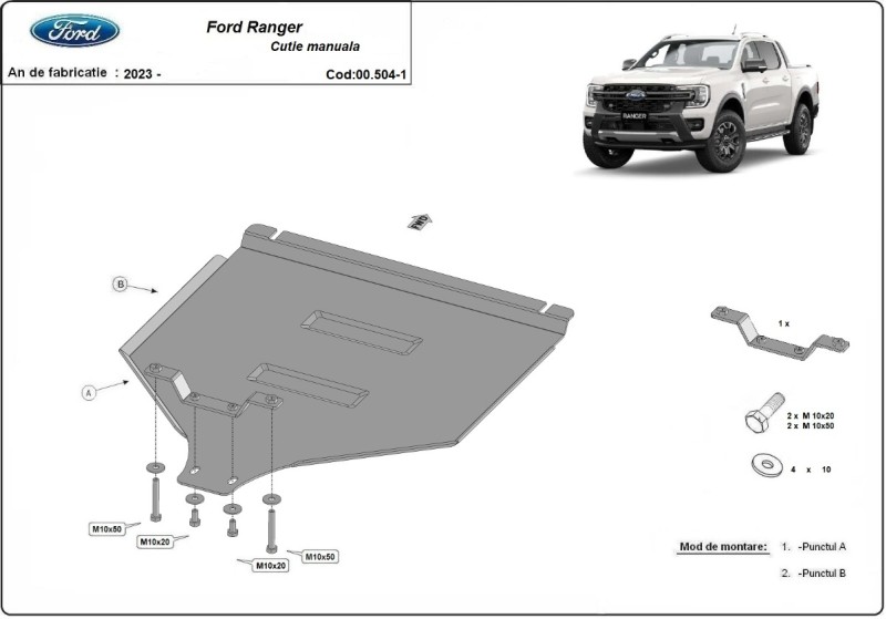 Plieninė mechaninės pavarų dėžės apsauga Ford Ranger (2023-2026)