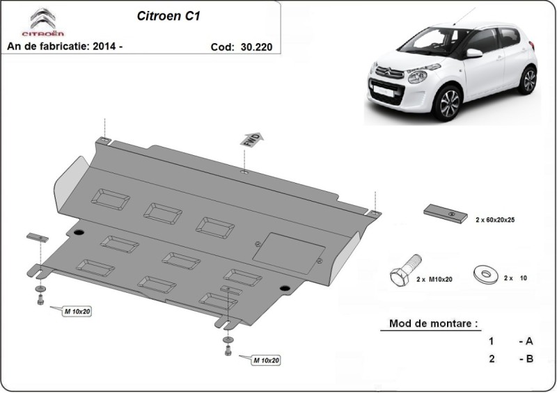 Plieninė variklio apsauga Citroen C1 (2014-2022)