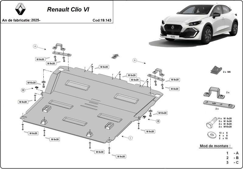 Plieninė variklio apsauga Renault Clio 6 (2025-2026)