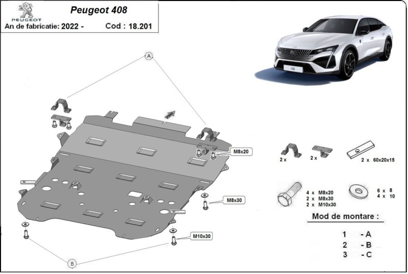 Plieninė variklio apsauga Peugeot 408 (2022-2026)
