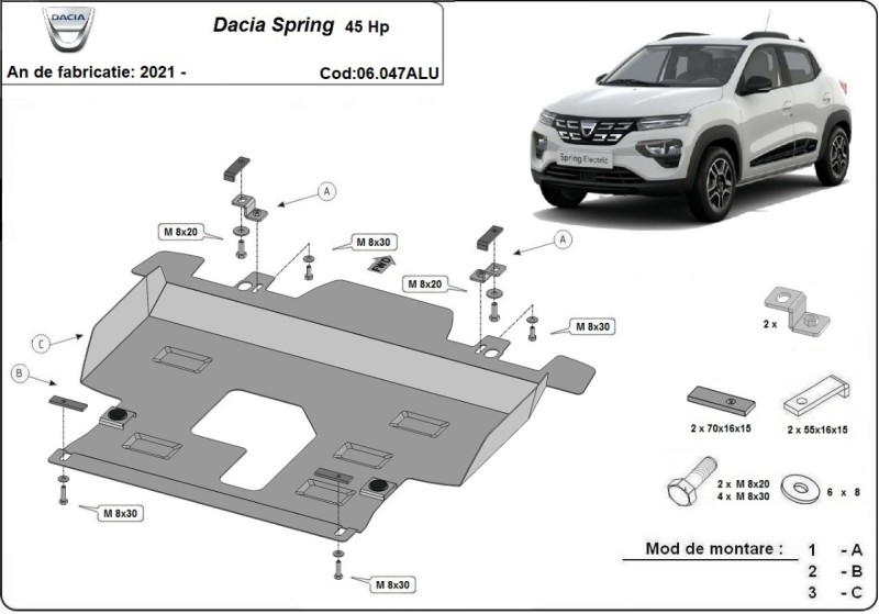 Aliumininė variklio apsauga Dacia Spring (2021-2026)