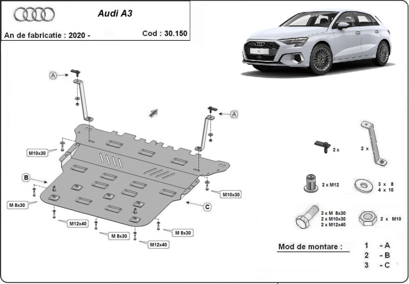 Plieninė variklio apsauga Audi A3 (2020-2026)
